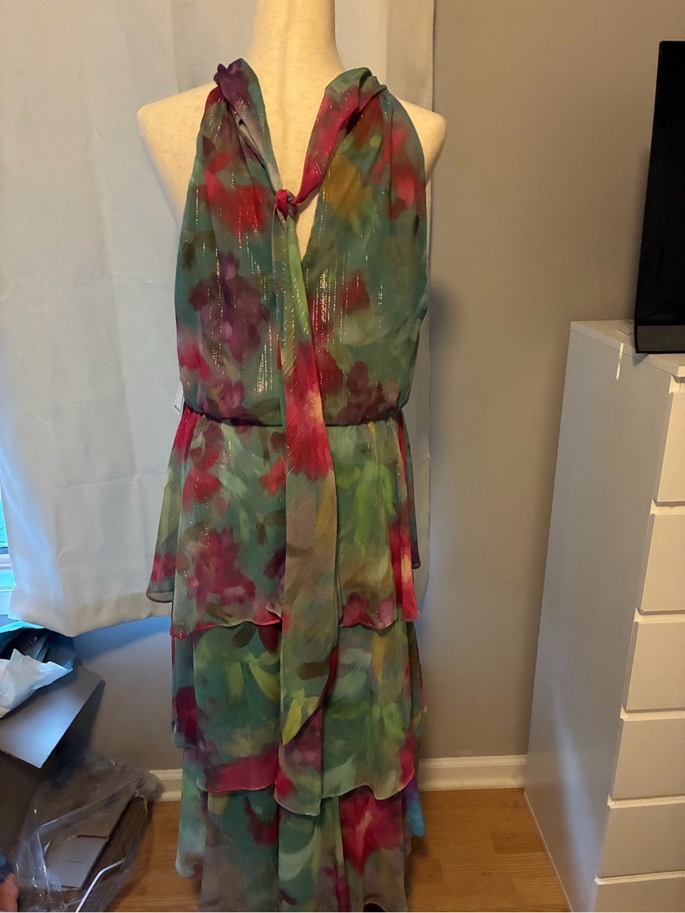 STUNNING SLNY Green Floral Halter Tiered Maxi Dress NWT - Picture 5 of 5